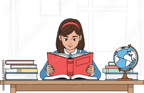 A young girl with a headband sits at a desk reading a red book, surrounded by other books and a globe.