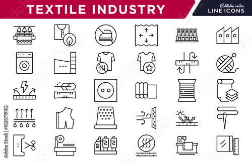 Textile Industry line icon set. Fabric, yarn, sewing, loom, pattern, clothing, apparel, tailoring, knitting, embroidery, fashion, workshop, production icons vector illustration. Edibalet stroke icons