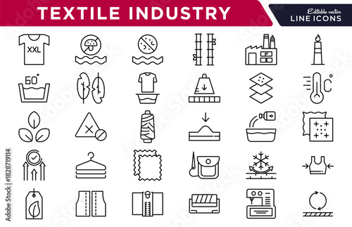 Textile Industry line icon set. Fabric, yarn, sewing, loom, pattern, clothing, apparel, tailoring, knitting, embroidery, fashion, workshop, production icons vector illustration. Pixel-perfect stroke
