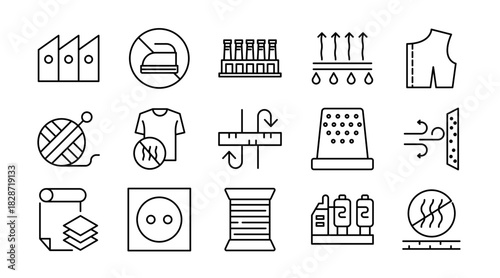 Textile Industry line icon set. Fabric, yarn, sewing, loom, pattern, clothing, apparel, tailoring, knitting, embroidery, fashion, workshop, production icons vector illustration. Pixel-perfect stroke