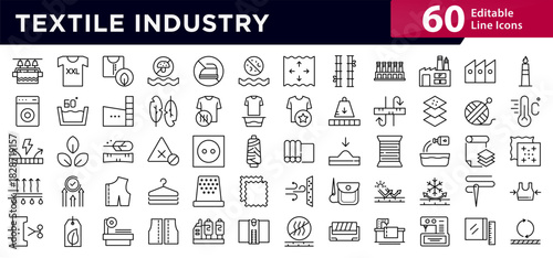Textile Industry line icon set. Fabric, yarn, sewing, loom, pattern, clothing, apparel, tailoring, knitting, embroidery, fashion, workshop, production icons vector illustration. Pixel-perfect stroke