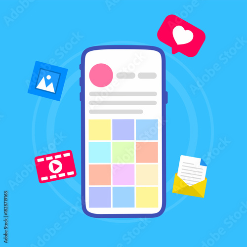 Social Media App Interface on Smartphone. smartphone showing a social media app interface with a grid layout, surrounded by icons for likes, photos, videos, and messages.