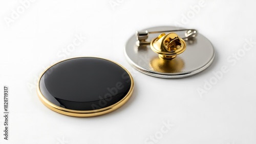 Elegant Black and Gold Round Lapel Pins on White Background.