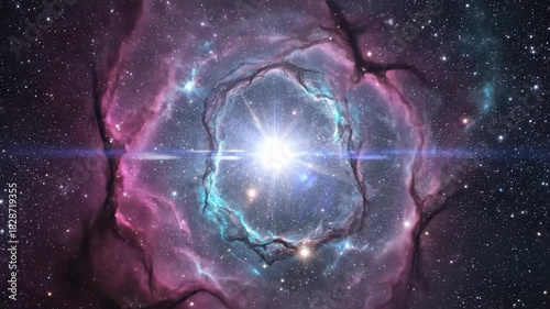 Brilliant star illuminating a colorful nebula with cosmic dust and countless stars in deep space