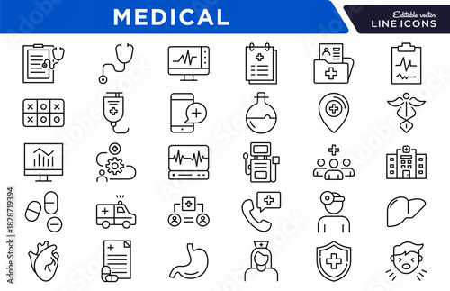 Medical Line Icon Set. Healthcare, doctor, nurse, hospital, pharmacy, medicine, pills, treatment, cardiology, insurance, lab test, health awareness icons vector illustration. Pixel-perfect stroke