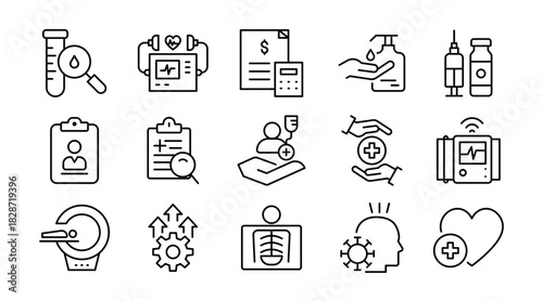 Medical Line Icon Set. Healthcare, doctor, nurse, hospital, pharmacy, medicine, pills, treatment, cardiology, insurance, lab test, health awareness icons vector illustration. Pixel-perfect stroke