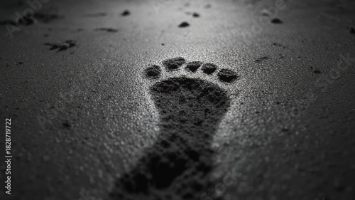 Single Bare Footprint Pressed into Damp Soil with Spotlight, Low Angle Tracking Shot