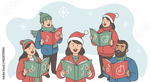 Festive harmony: A group of carolers spreading joy with winter melodies outdoors illustration