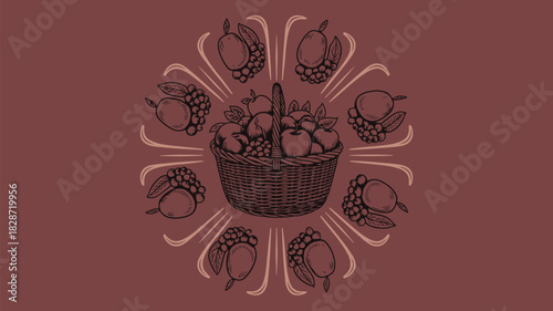 Harvest bounty illustration featuring a woven basket overflowing with fresh apples, grapes, and peaches, perfect for autumn themed designs and more
