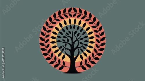 Stylish tree illustration with circular leaf frame radiates growth, nature connection and timeless beauty, ideal for eco-friendly branding and designs