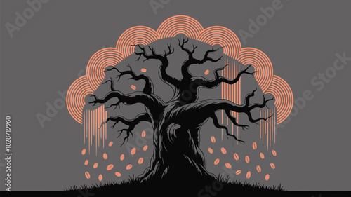 Mystical coffee bean tree with retro sunset design, ideal for coffee shops and sustainable brands wanting a vintage stylish vibe