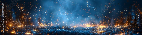 Panoramic view of a magical, sparkling blue and orange light show with bokeh effects