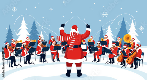 Festive holiday concert with Santa Claus conducting a Christmas symphony orchestra outdoor scene