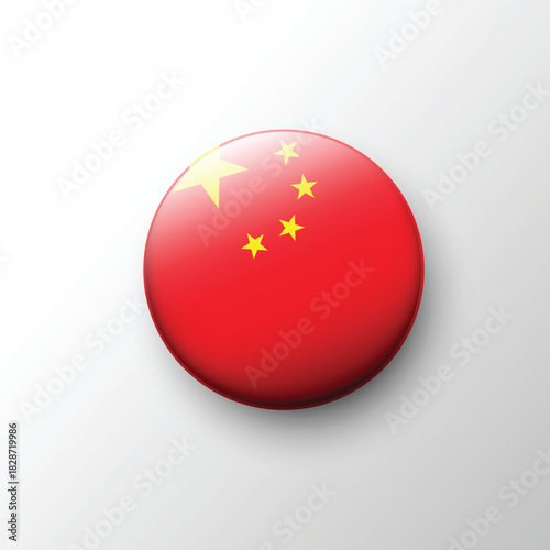 Glossy 3D China flag button with golden stars on red field