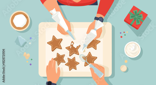 Festive holiday season activity: Decorating star-shaped cookies with icing on a bright table