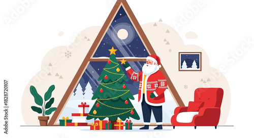 Festive Holiday Scene: Santa Claus Decorating Christmas Tree with Gifts and Winter View through