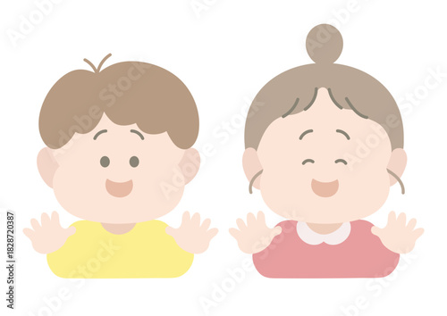 手を振って笑っている男の子と女の子　ポーズ　表情