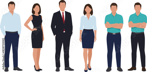 Business casual and formal office attire group, diverse professionals standing together, flat vector illustration of modern team members in workplace setting, stylish corporate fashion