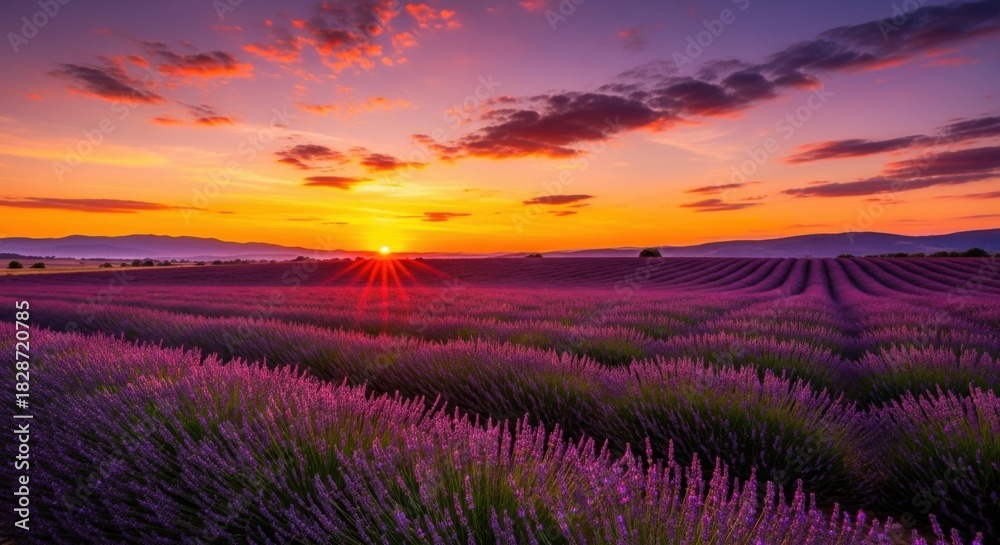 Obraz premium Blooming Lavender Fields Under Vibrant Sunset Sky 