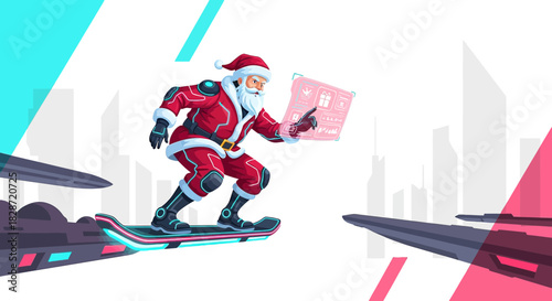 Futuristic Santa Claus delivers gifts using advanced technology and hoverboard for travel