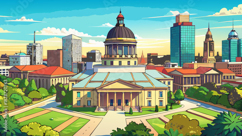 Very beautiful aerial panorama of the South Carolina Statehouse and Columbia skyline, captured on a sunny morning with clear skies, detailed architecture, and a clean, expansive urban landscape suitab