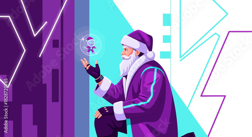 Futuristic santa claus using augmented reality technology with neon city background