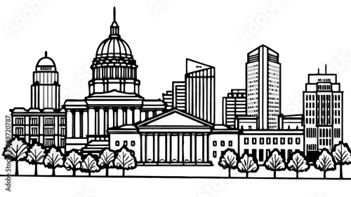Very beautiful aerial panorama of the South Carolina Statehouse and Columbia skyline, captured on a sunny morning with clear skies, detailed architecture, and a clean, expansive urban landscape suitab