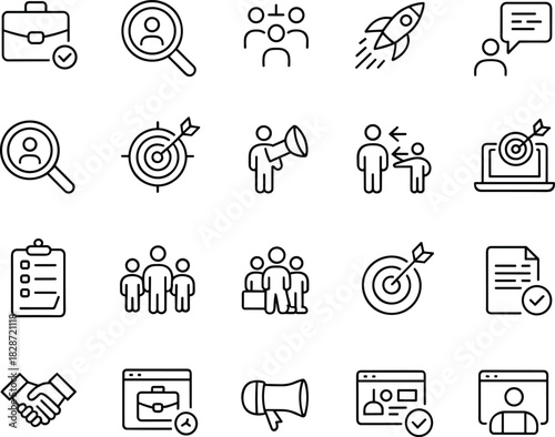 Business management icons, target audience, employee search, career development, teamwork, communication, leadership, recruitment, job portal, success planning symbols