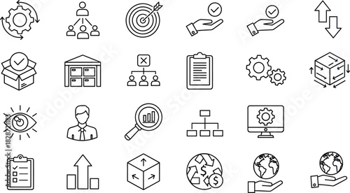 Business management icons set, supply chain outline symbols, workflow process, organization structure, logistics, planning, strategy, success, global operations, teamwork