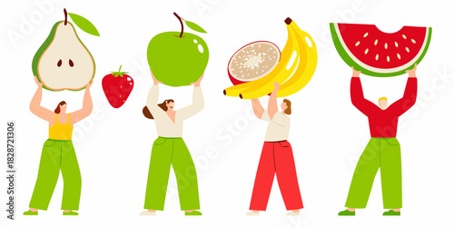 People holding large fruits pear strawberry apple banana passion fruit and watermelon