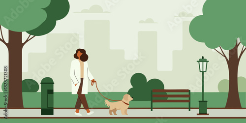 Woman walking dog in park on leash with trees and bench