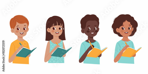 Group of diverse children writing in notebooks smiling education concept