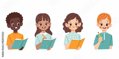 Diverse group of children reading books and writing with pencils illustration