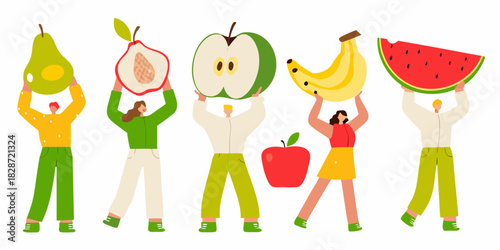 People holding large fruit slices and bunches healthy eating concept