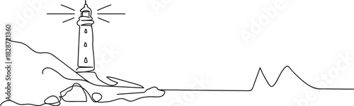 Lighthouse tower in one continuous line drawing with Sea coast vector file. 