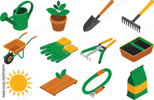 Collection of gardening tools and supplies isolated on