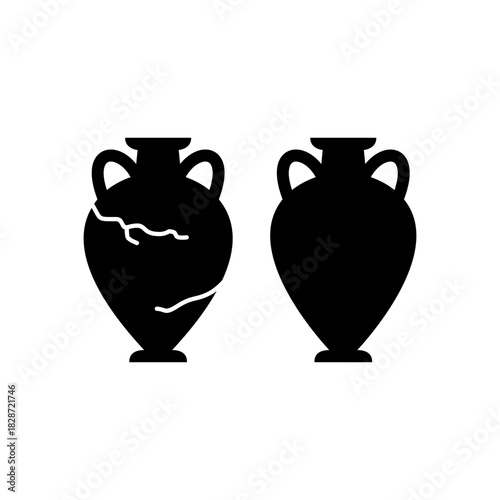 Silhouette illustration of two ancient Greek amphora vases, one whole and one cracked, set against a white background.
