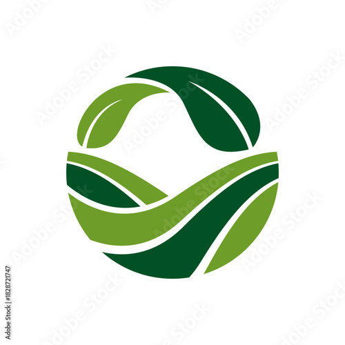 Abstract circular design featuring green leaves and stylized rolling hills, conveying concepts of nature, growth, and environmental sustainability.