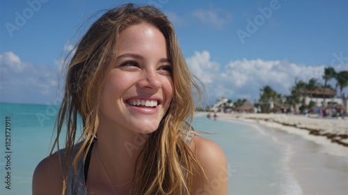 A woman with long hair smiles brightly while sitting by the water's edge on a sunny beach day. The turquoise ocean and palm trees provide a stunning backdrop.