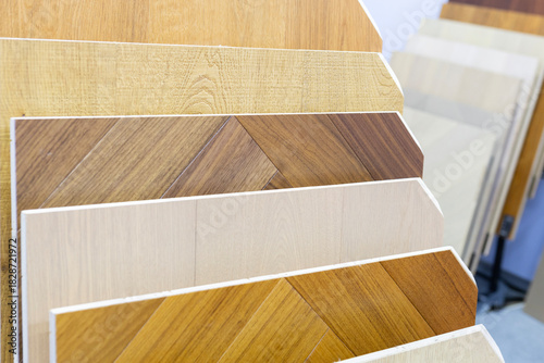 Examples of wood pattern flooring on display