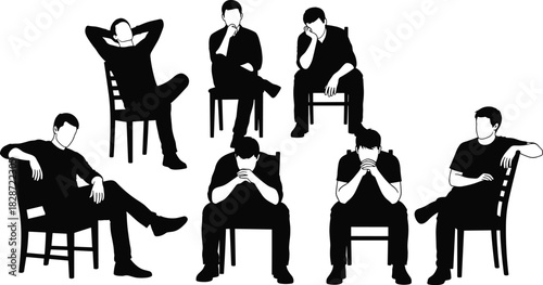 A conceptual silhouette collection of men sitting on chairs, showcasing various poses and emotions including relaxation, deep thought, and distress, ideal for mental healt