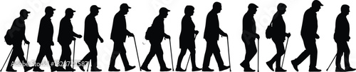 A silhouette sequence showing senior men and women walking with canes and bags, depicting old age, steady movement, retirement, health, travel, support, and the perse