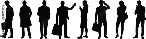 Business people silhouettes, professional team, standing poses, walking, talking, holding briefcases, group vector, black silhouette, corporate illustration, isolated background