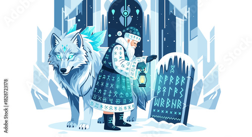 Mystical guardian with crystalline wolf discovering ancient runes in a winter realm