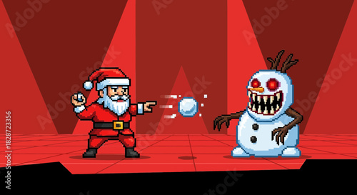 Pixelated santa claus faces a terrifying snowman in a vibrant red digital arena environment