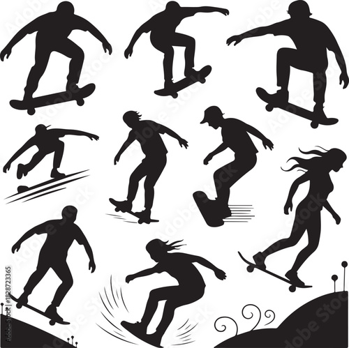 Collection of Black Silhouette Images Showing People Skateboarding in Different Poses