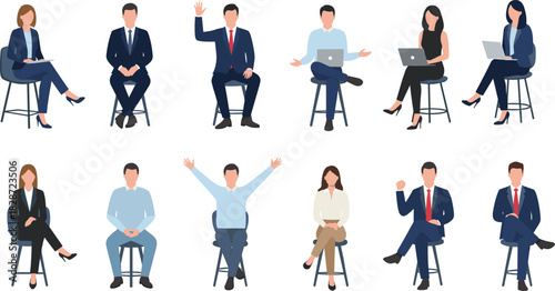 Business professionals sitting on chairs, office people discussion, working on laptops, raising hand, casual posture, corporate characters, team meeting concept, vector illustration