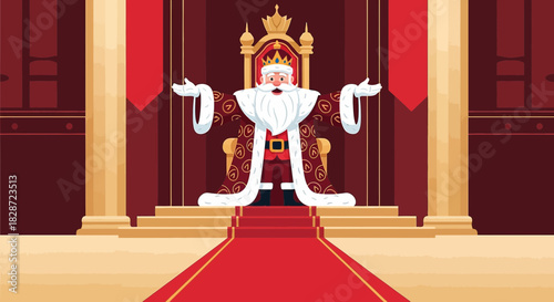 Royal cartoon character sitting on the throne, with a white beard in a grand palace