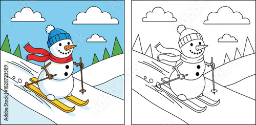 Cute Snowman Skiing Down a Snowy Mountain – Winter Sports Illustration with Color and Outline Version for Kids