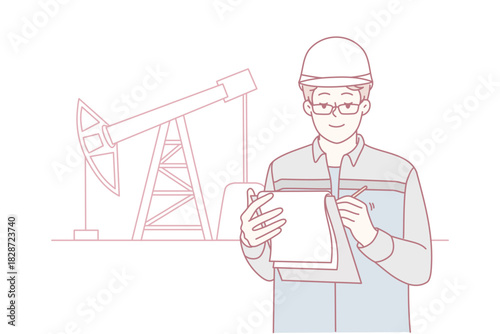 Engineer inspecting pump jack with clipboard, wearing safety helmet and glasses, line-art illustration of oil rig in background, calm professional atmosphere, technical checklist